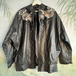Embroidered Black Leather Jacket vintage size M
